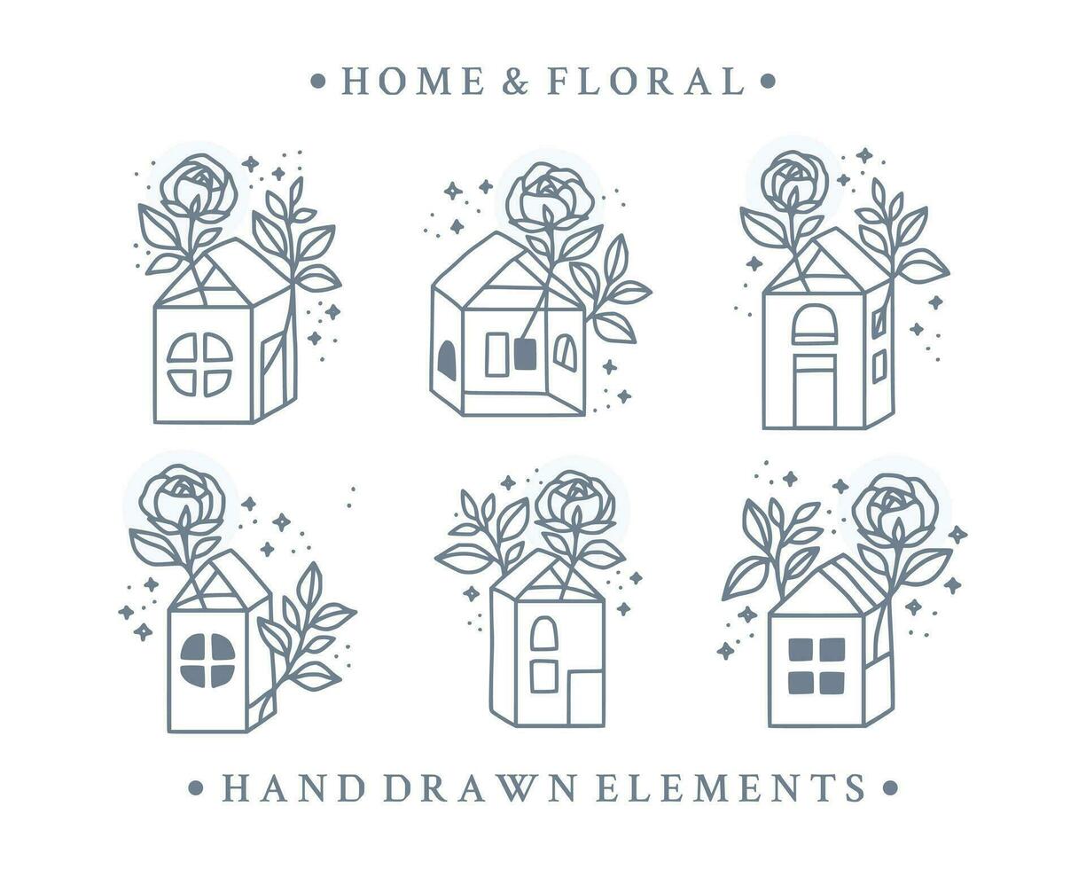 Hand gezeichnet Jahrgang feminin Schönheit Logo Element Sammlung mit Rose, heim, Blume, Blatt Ast Vektor Illustration zum Symbol, Logo, Aufkleber, druckbar