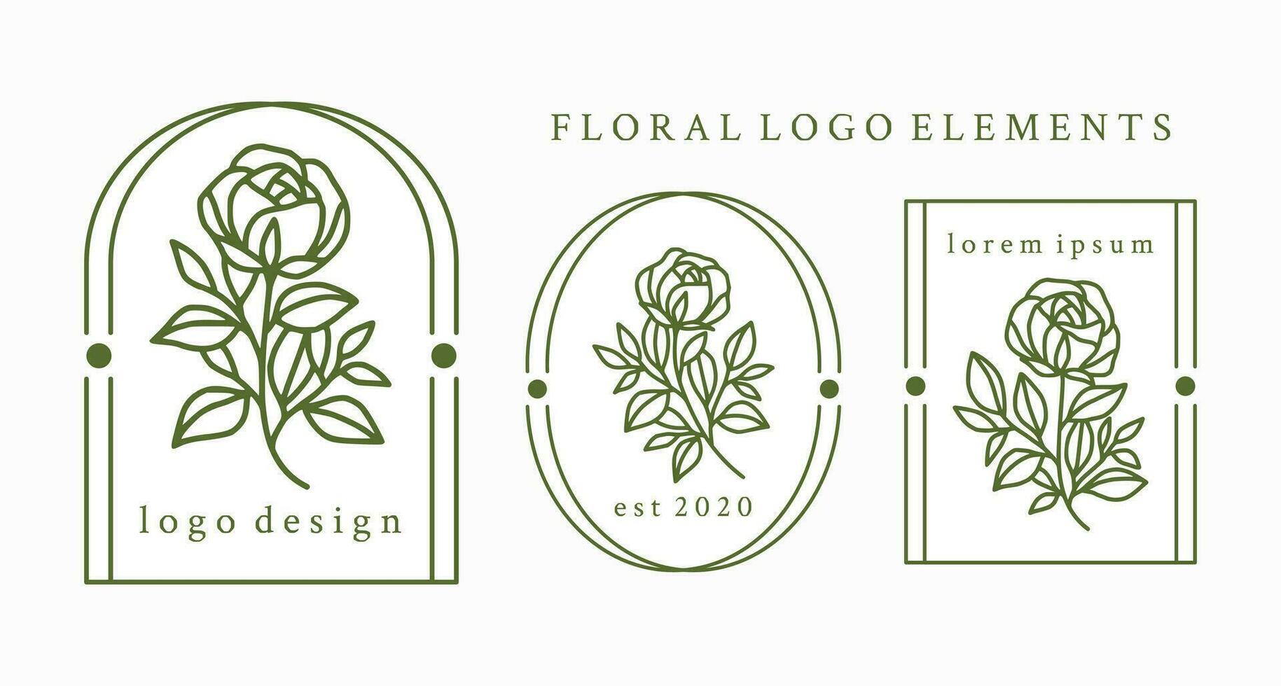 årgång hand dragen reste sig blomma logotyp element samling med ram vektor