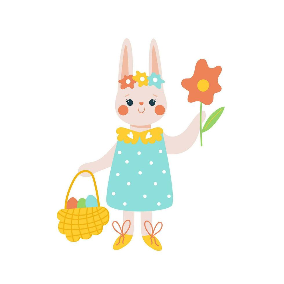 Lycklig påsk söt kanin flicka med ett påsk ägg korg ritad för hand vektor illustration på en vit bakgrund.