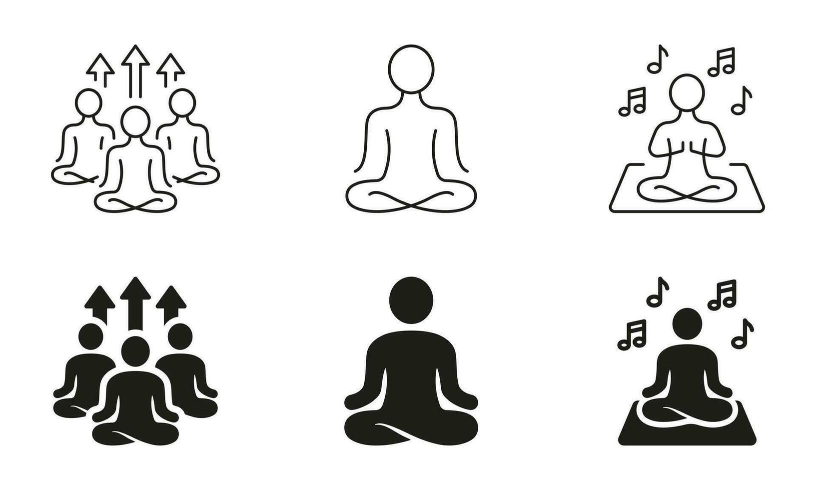 meditieren im Zen Pose Silhouette und Linie Symbole Satz. Wellness und entspannen Piktogramm. Gruppe Yoga Übungen schwarz Symbol Sammlung. Meditation, ruhig, Balance unterzeichnen. isoliert Vektor Illustration.