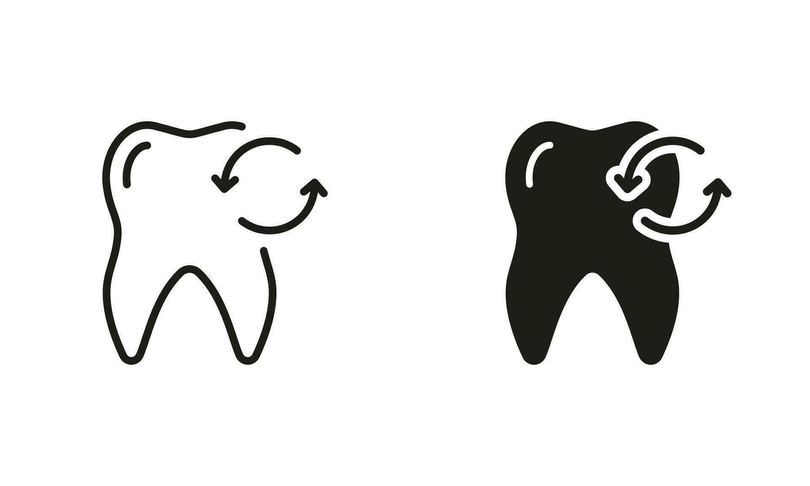 Dental Wiederherstellung Silhouette und Linie Symbole Satz. Milch Zahn Extraktion Piktogramm. Dental Behandlung schwarz Symbol Sammlung. Oral Medizin, Verlust vorübergehend Baby Zähne. isoliert Vektor Illustration.