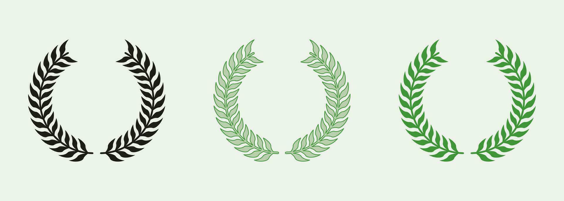 laurel krans, kransen Färg ikon uppsättning. foliate årgång seger emblem. vinnare runda tilldela piktogram. cirkel grekisk oliv gren, grön blad symbol samling. isolerat vektor illustration.