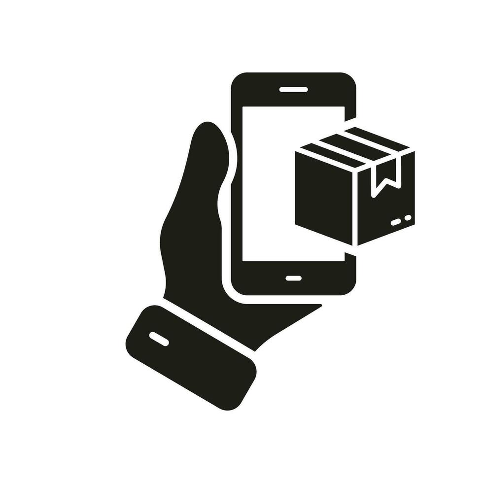 online Lieferung Bedienung Silhouette Symbol. E-Commerce im Smartphone Glyphe Piktogramm. Kauf Versand solide unterzeichnen. Handy, Mobiltelefon Telefon mit Paket Box im Mensch Hand Symbol. isoliert Vektor Illustration.