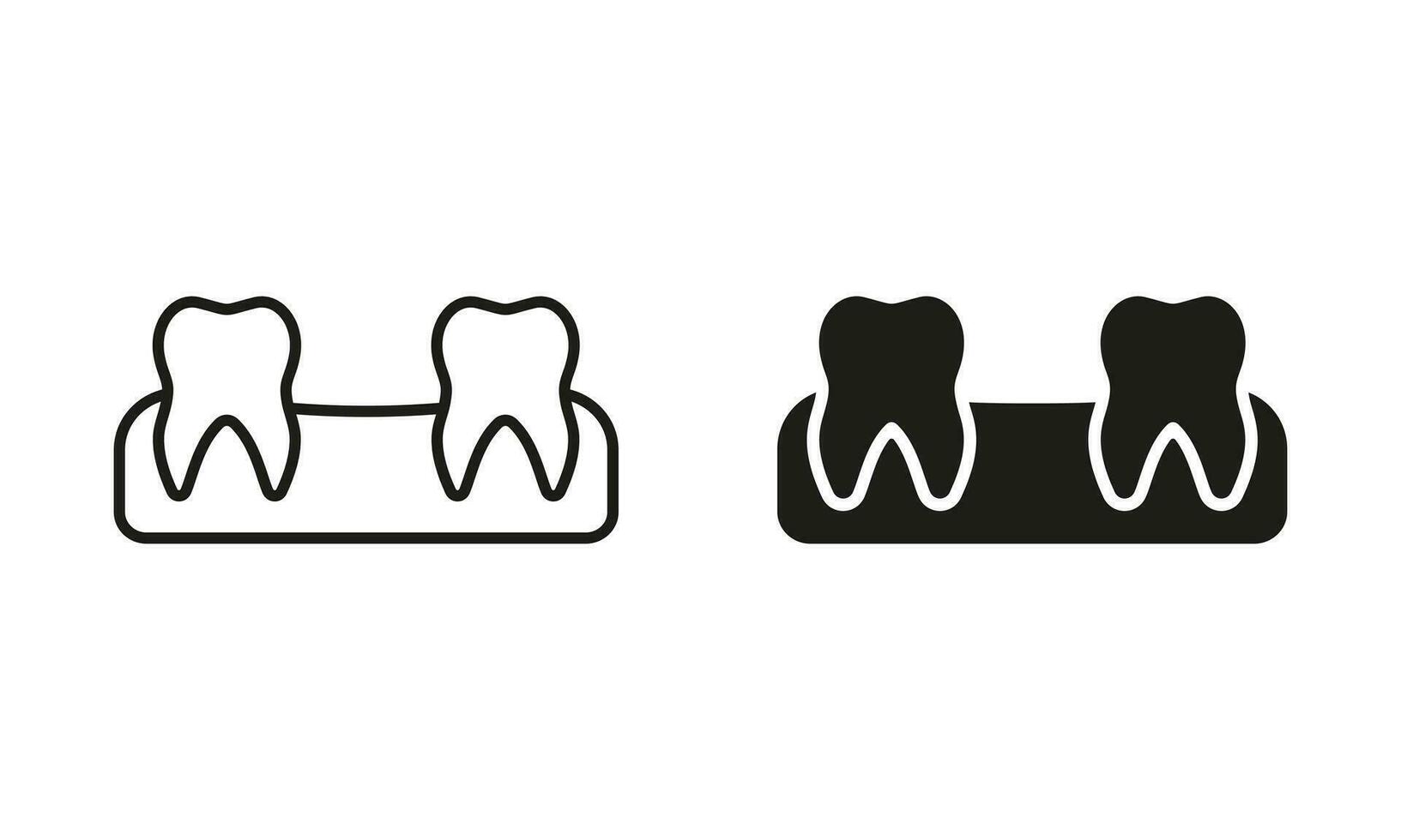 fehlt Zähne Silhouette und Linie Symbol Satz. Mensch verlieren Zahn Piktogramm. Oral Krankheit, hat verloren Baby Zahn. Raum zwischen Zähne. Dental Behandlung schwarz Symbol Sammlung. isoliert Vektor Illustration.