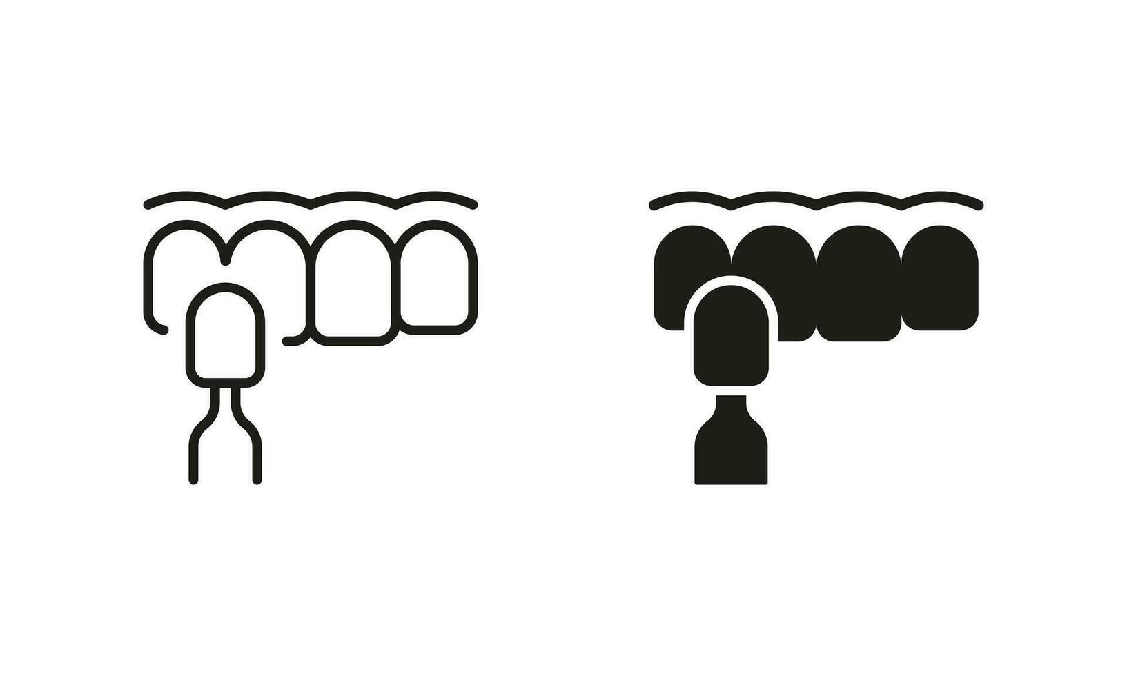 Keramik Furniere Installation Verfahren zum Zähne Silhouette und Linie Symbole Satz. Dental Furnier, Mensch Zahn Pflege Piktogramm. Dental Behandlung schwarz Symbol Sammlung. isoliert Vektor Illustration.