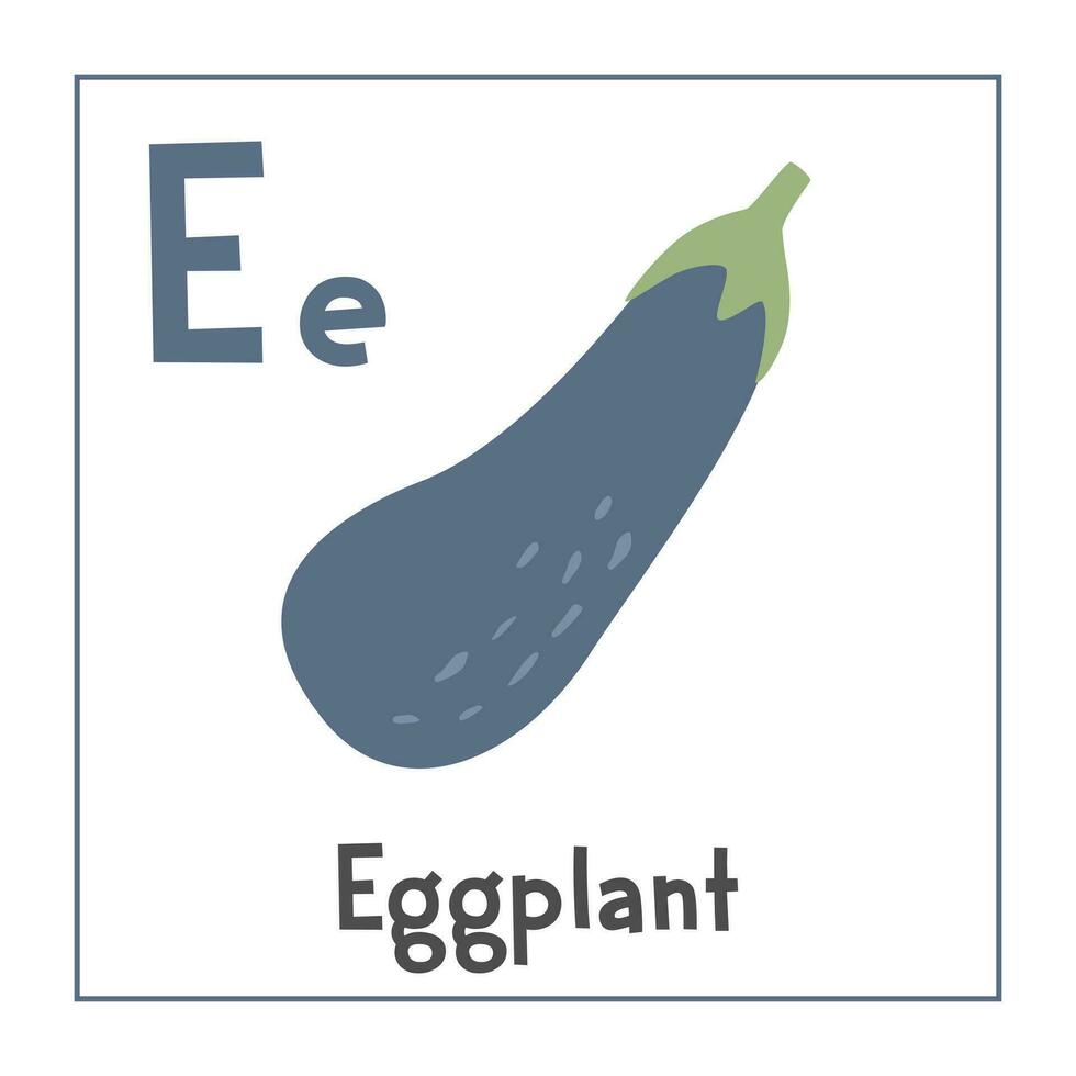 äggplanta ClipArt. äggplanta vektor illustration tecknad serie platt stil. grönsaker Start med brev e. vegetabiliska alfabet kort. inlärning brev e kort. barn utbildning. söt äggplanta vektor design