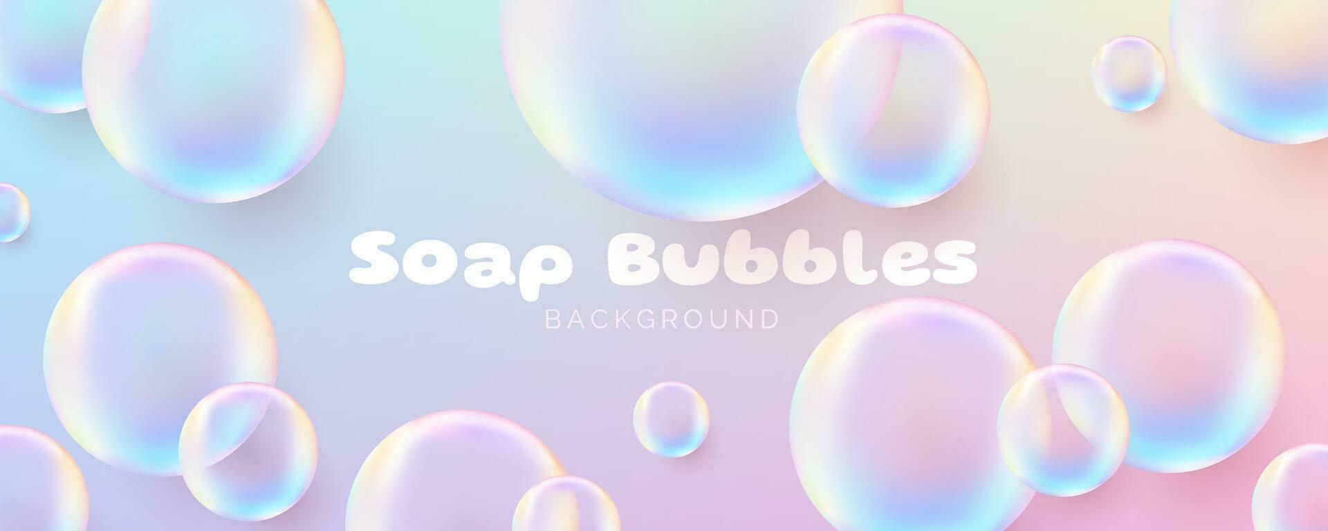 realistisch Seife Blasen. süß Banner. transparent Luftblasen mit ein glänzend Regenbogen Oberfläche, vermitteln ein sauber und luftig Konzept. nicht ai generiert. vektor