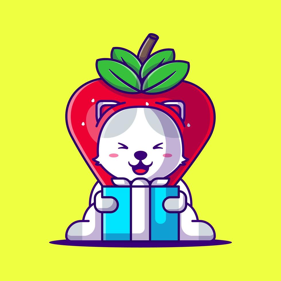 Süße Katze trägt Erdbeerkostüm mit Geschenkbox-Cartoon-Illustration. Tier flaches Cartoon-Stil-Konzept vektor