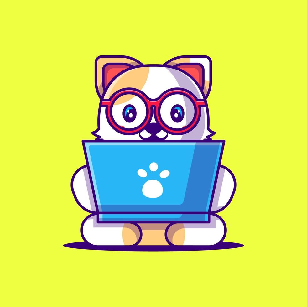 süße Katze, die mit Laptop-Cartoon-Illustration arbeitet. Tier flaches Cartoon-Stil-Konzept vektor