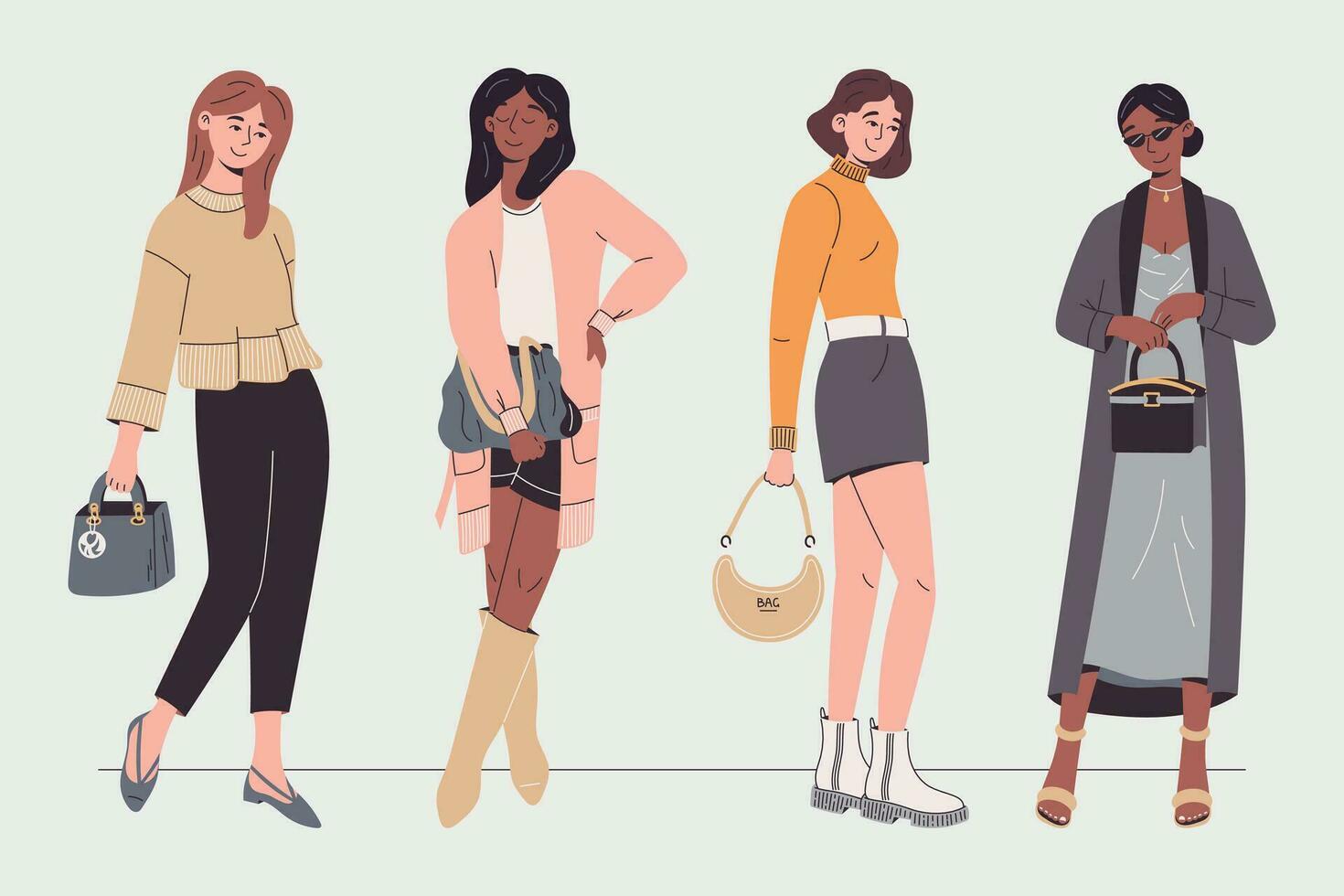 elegant platt modern kvinnor vänner i tillfällig kläder. vektor isolerat flicka modeller med handväskor.