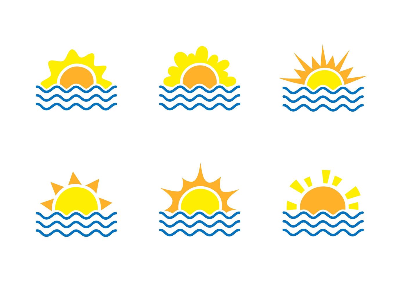 Sonnenaufgang und Meer Cartoon-Logo-Vorlagen-Sammlung. Wasserwellen und Sonnenstrahl-Symbole gesetzt. Reisebürokonzept vektor