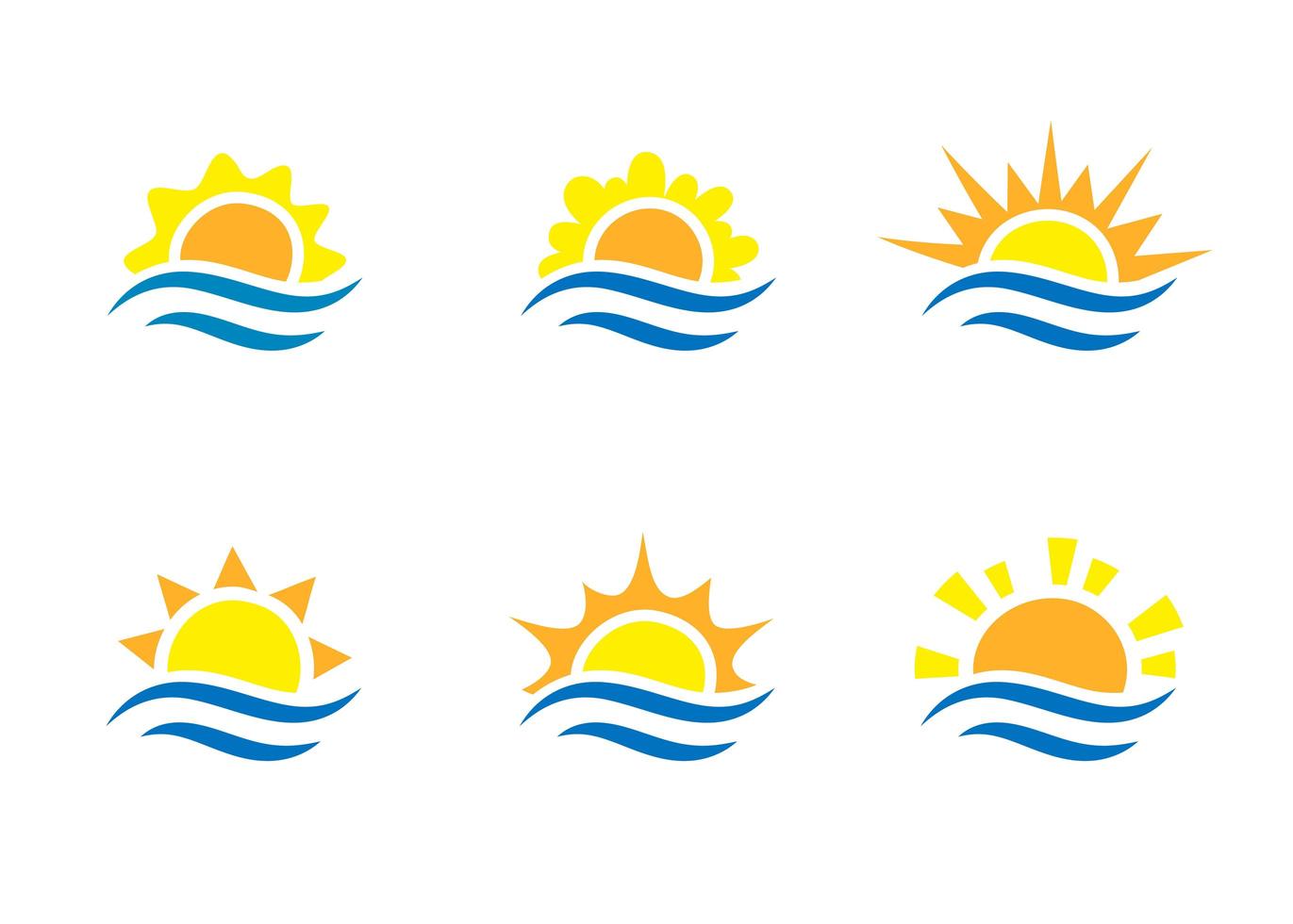 Sonnenaufgang und Meer Cartoon-Logo-Vorlagen-Sammlung. Wasserwellen und Sonnenstrahl-Symbole gesetzt. vektor