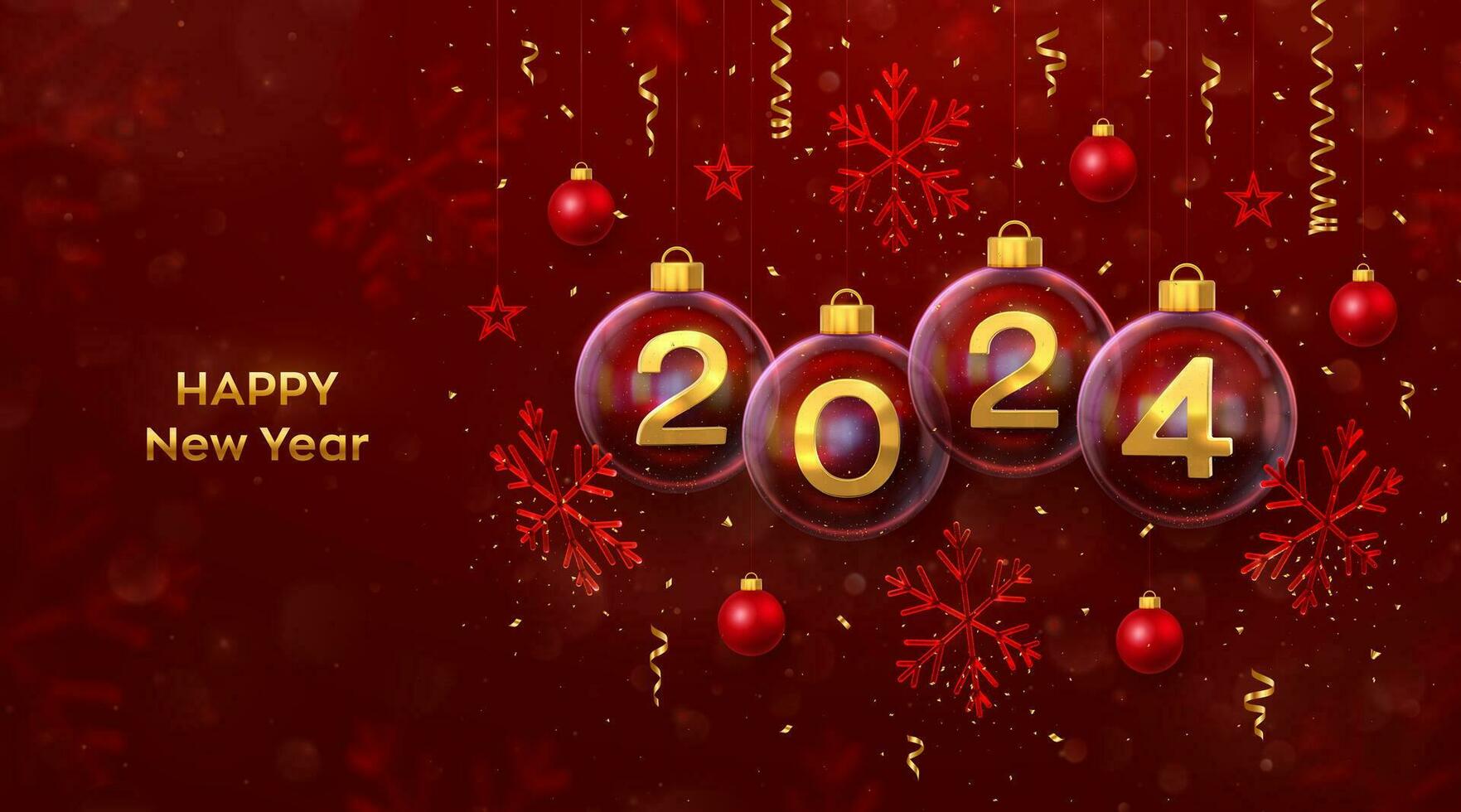 glücklich Neu Jahr 2024. golden Metall 3d Zahlen 2024 im transparent Glas Flitter. hängend Weihnachten Bälle, Eis Schneeflocken und Sterne, Konfetti. Gruß Karte, Poster, Banner, Flyer. Vektor Illustration.