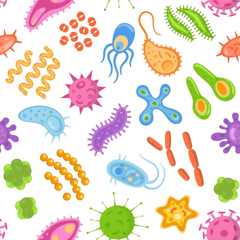 seamless mönster med färg tecknade bakterier, virus och bakterier. mikroorganismceller som upprepar bakgrund för textildesign, inslagningspapper, tapet. vektor