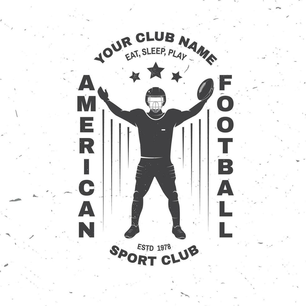 amerikan fotboll eller rugby klubb bricka. vektor . begrepp för skjorta, logotyp, skriva ut, stämpel, tee, lappa. årgång typografi design med amerikan fotboll sportsman spelare silhuett