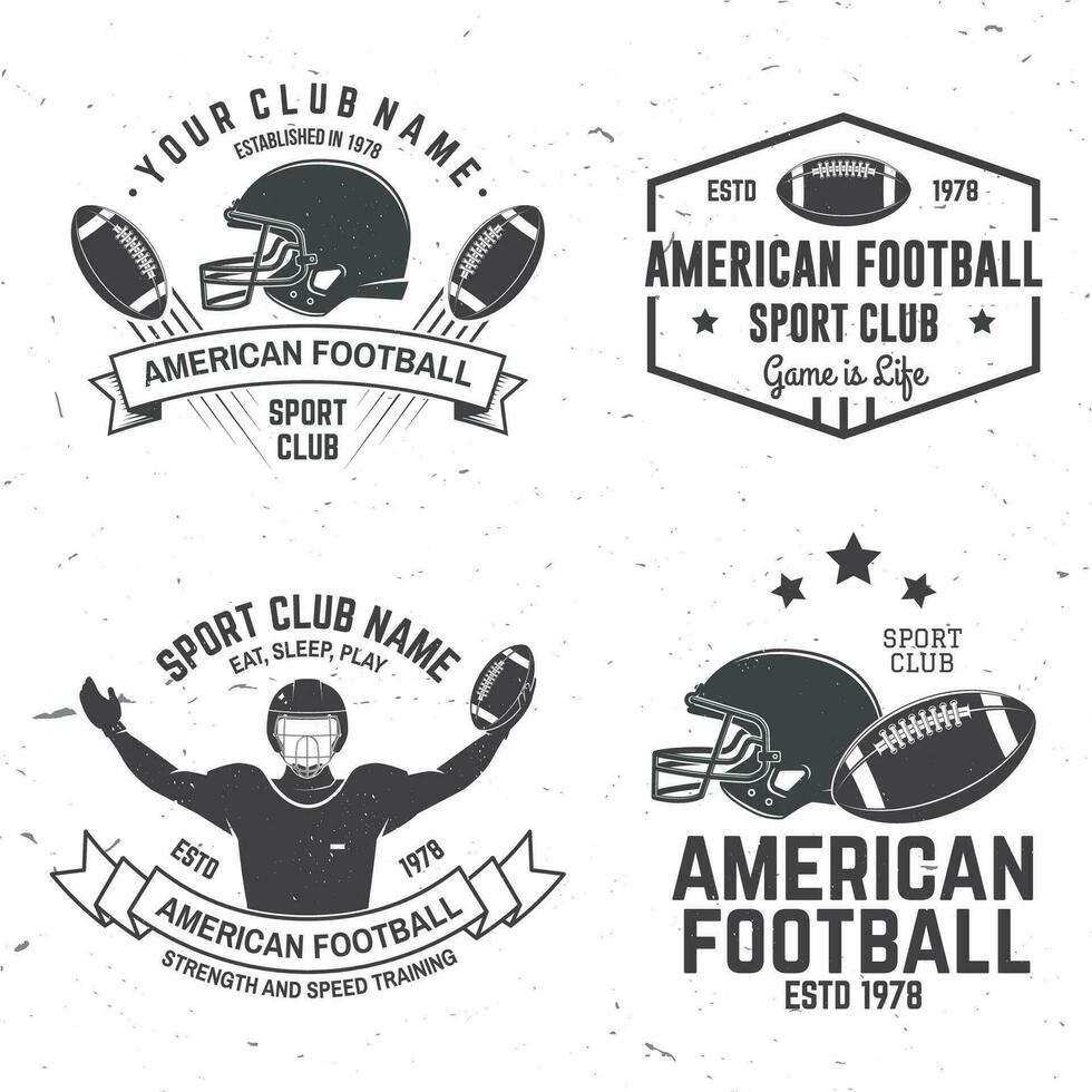 uppsättning av amerikan fotboll eller rugby klubb bricka. vektor för skjorta, logotyp, skriva ut, stämpel, lappa. årgång design med amerikan fotboll sportsman spelare, hjälm, boll och axel dynor silhuett