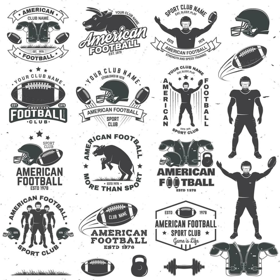 einstellen von amerikanisch Fußball oder Rugby Verein Abzeichen. Vektor zum Shirt, Logo, drucken, Briefmarke, Patch. Jahrgang Design mit Stier, amerikanisch Fußball Sportler Spieler, Helm, Ball und Schulter Pads Silhouette