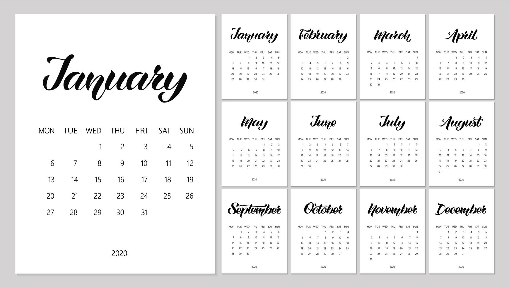 vektor kalender planerare för 2020 år med handdragen bokstäver och klotter. uppsättning om 12 månader. veckan börjar måndag. brevpapper design.