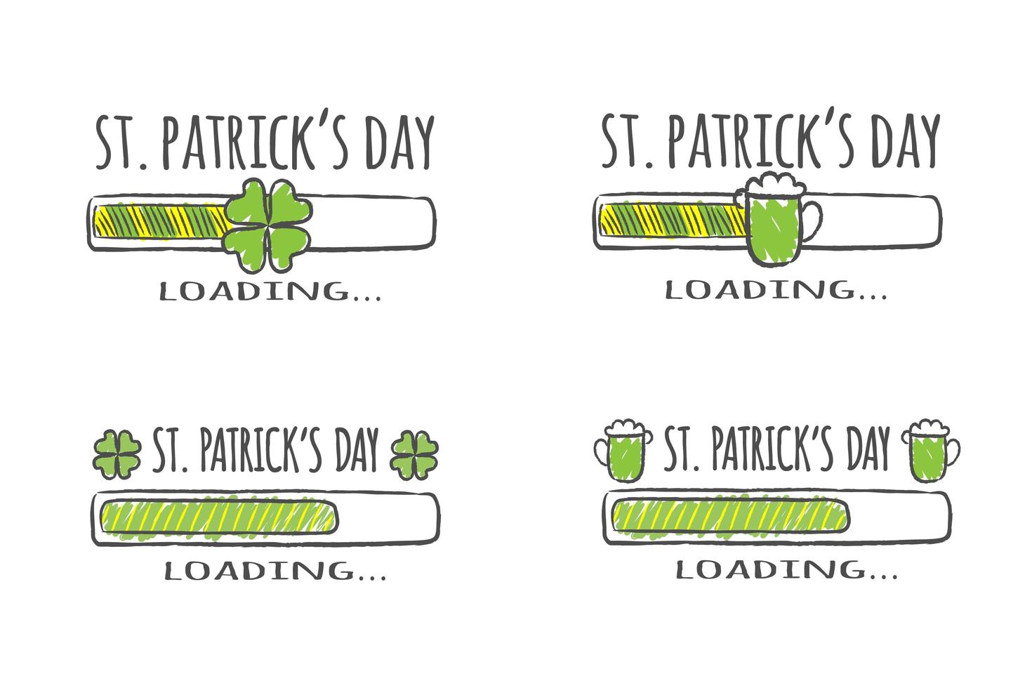 uppsättning förloppsindikatorer med inskription - st. patrick day laddningssamling i skissartad stil. vektor illustration för t-shirt design, affisch, kort.