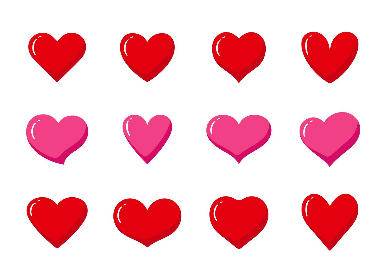 Satz von roten und rosa herzförmigen Symbolen. Sammlung verschiedener romantischer Herzsymbole für Website, Aufkleber, Label, Tattoo-Kunst, Liebeslogo und Valentinstag. vektor