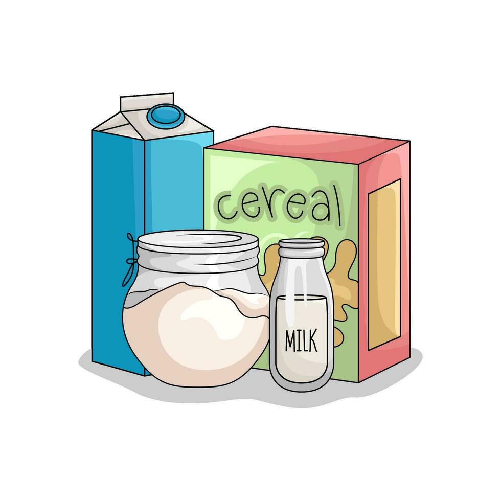 Müsli Kasten, Box Milch, Flasche Milch, mit Weizen Pulver im Krug Illustration vektor