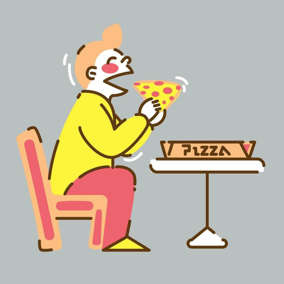 en man Sammanträde i främre av en tabell lyckligt äter pizza vektor