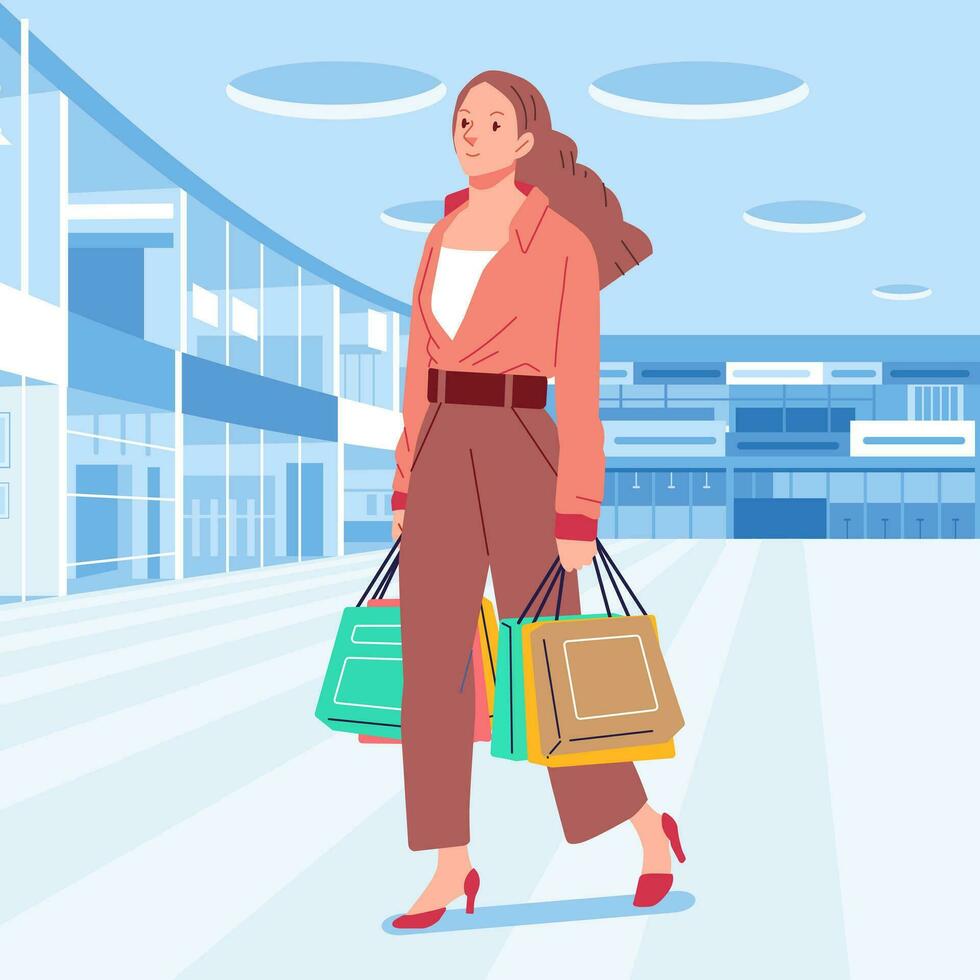 ung lycka glad shopaholic eleganta modern kvinna på detaljhandeln köpcenter Lagra bärande handla påsar vektor