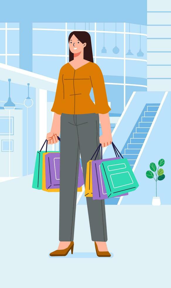 jung Glück froh Shopaholic stilvoll modisch Frau beim Verkauf Einkaufszentrum Geschäft Tragen Einkaufen Taschen vektor