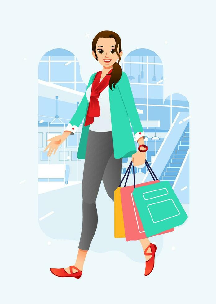 ung lycka glad shopaholic eleganta modern kvinna på detaljhandeln köpcenter Lagra bärande handla påsar vektor