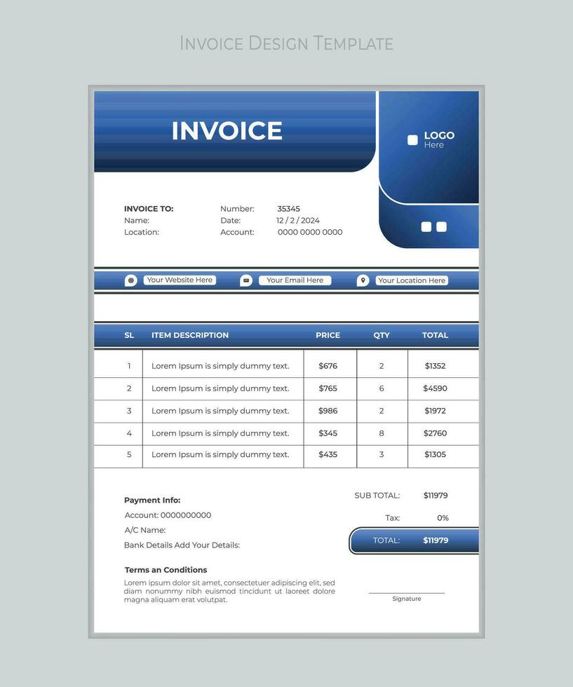 Geschäft Rechnung bilden Vorlage. Fakturierung Zitate, Geld Rechnungen oder Preis Rechnungen, und Zahlung Zustimmung Design Vorlagen. MwSt form, Rechnung Grafik, oder Zahlung Kassenbon Seite Vektor. vektor