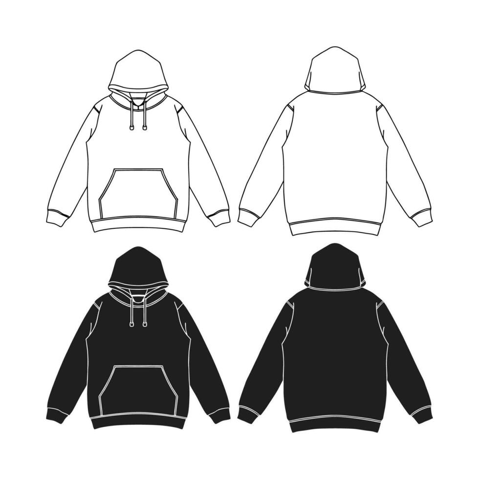 Vorlage leer eben schwarz Kapuzenpullover. Kapuzenpullover Sweatshirt mit lange Ärmel Flatlay Attrappe, Lehrmodell, Simulation Vektor Illustration eben Design Gliederung