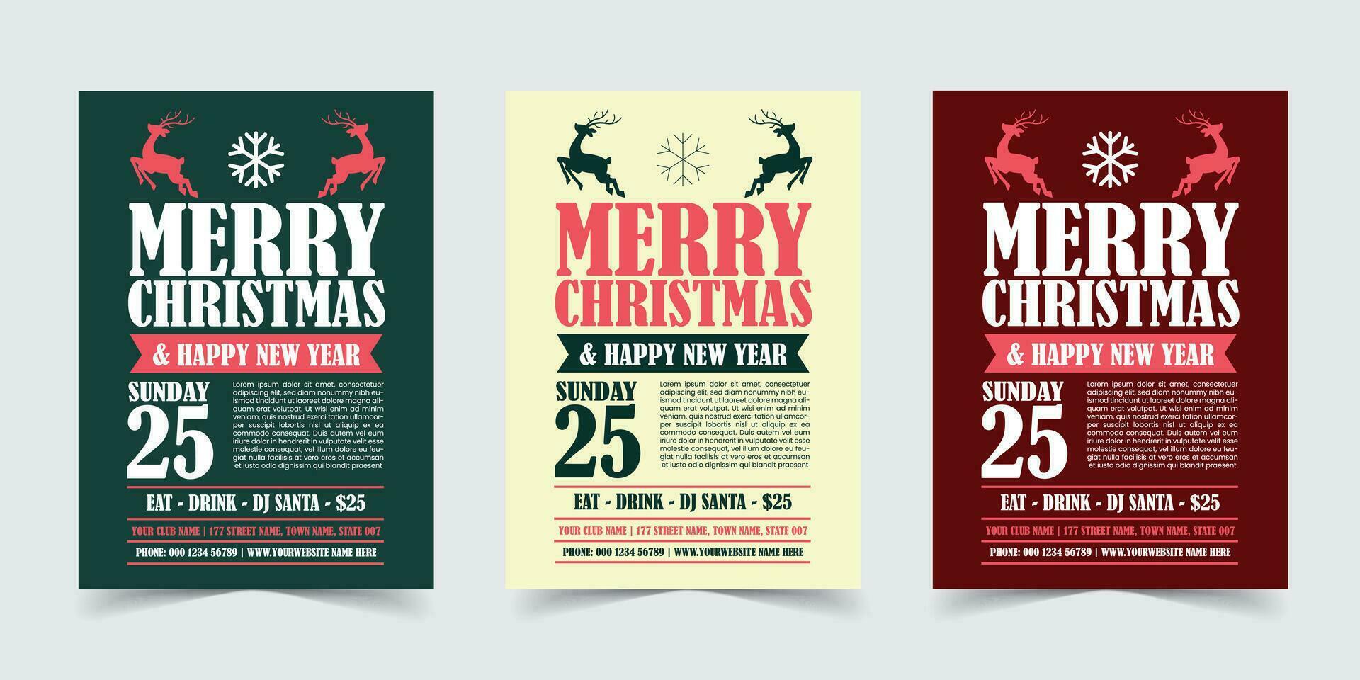 fröhlich Weihnachten Party Flyer Vorlage Poster Design, Urlaub Abdeckungen. Weihnachten Vorlagen mit Typografie und Mehrfarbig im modern minimalistisch Stil zum Netz, Sozial Medien und drucken Design vektor