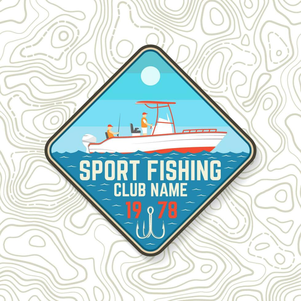 sport fiske klubb lappa. vektor illustration. begrepp för skjorta eller logotyp, skriva ut, stämpel, tee, lappa. årgång typografi design med fiske båt silhuett.