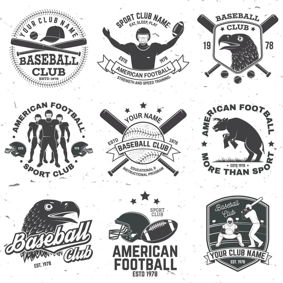 uppsättning av amerikan fotboll och baseboll klubb bricka. vektor för skjorta, logotyp, skriva ut, stämpel. design med baseboll fladdermöss, amerikan fotboll sportsman spelare, hjälm, boll och axel dynor silhuett
