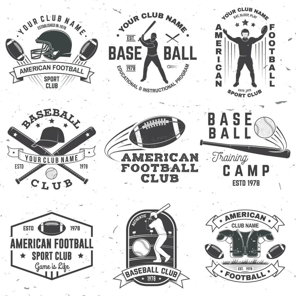 einstellen von amerikanisch Fußball und Baseball Verein Abzeichen. Vektor zum Shirt, Logo, drucken, Briefmarke. Design mit Baseball Fledermäuse, amerikanisch Fußball Sportler Spieler, Helm, Ball und Schulter Pads Silhouette