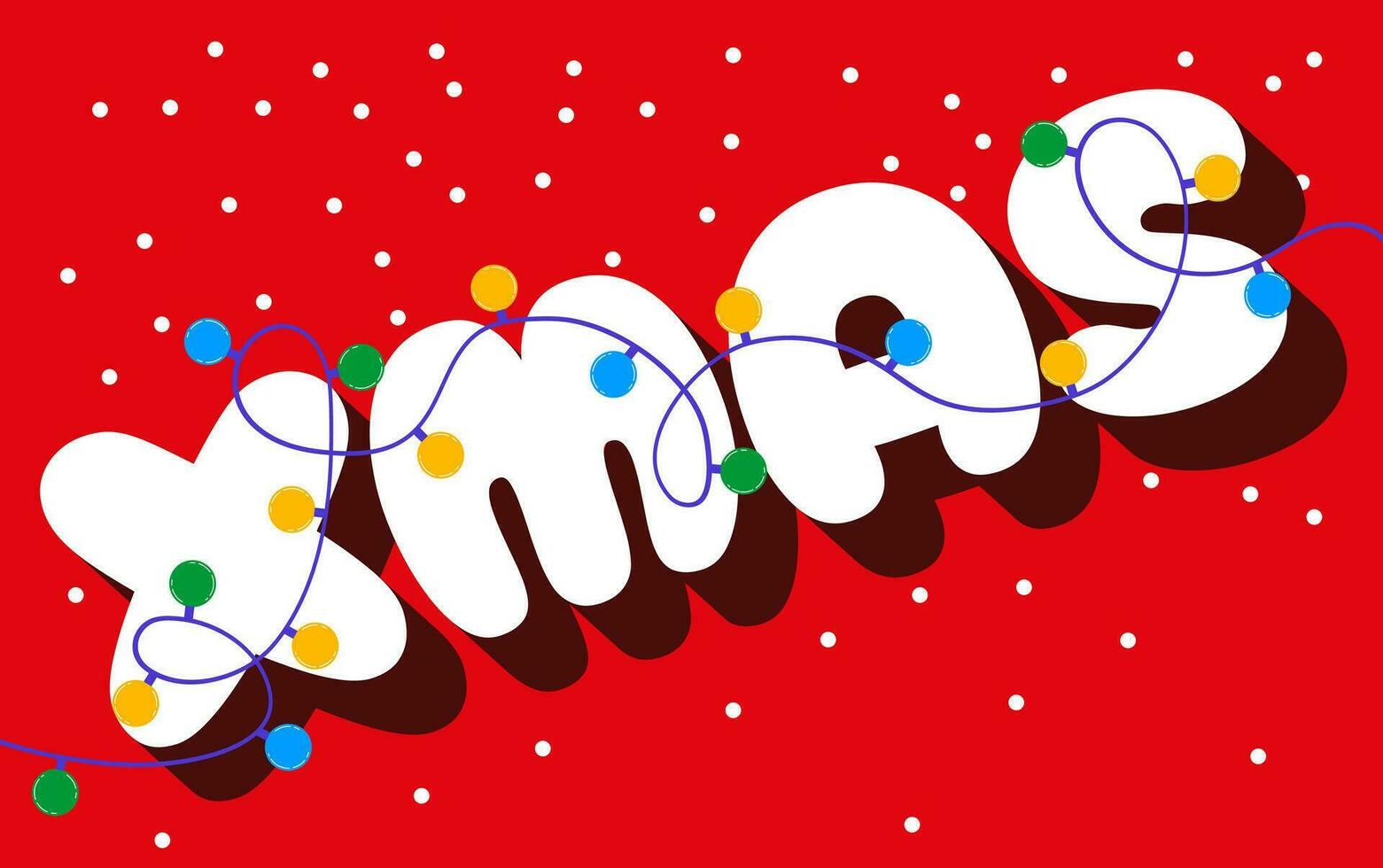 Weihnachten Hintergrund mit Schnee und Text. Vektor Illustration von fröhlich Weihnachten Gruß im eben Stil. Weiß volumetrisch Briefe mit Neu Jahre Laternen auf ein rot Hintergrund.