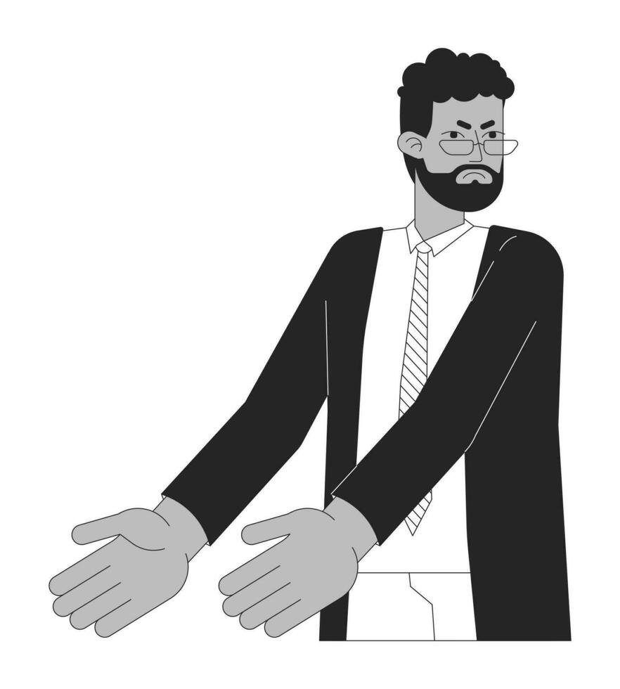 schwarz bärtig Boss streiten schwarz und Weiß 2d Linie Karikatur Charakter. Brille afrikanisch amerikanisch Erwachsene Mann isoliert Vektor Gliederung Person. Weiß Halsband Manager monochromatisch eben Stelle Illustration