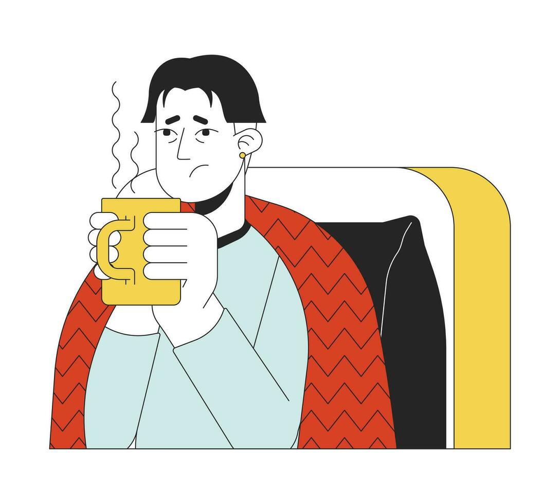 utmattad influensa asiatisk man innehav varm dryck 2d linjär tecknad serie karaktär. koreanska manlig dricka värma flytande isolerat linje vektor person vit bakgrund. influensa lättnad Färg platt fläck illustration