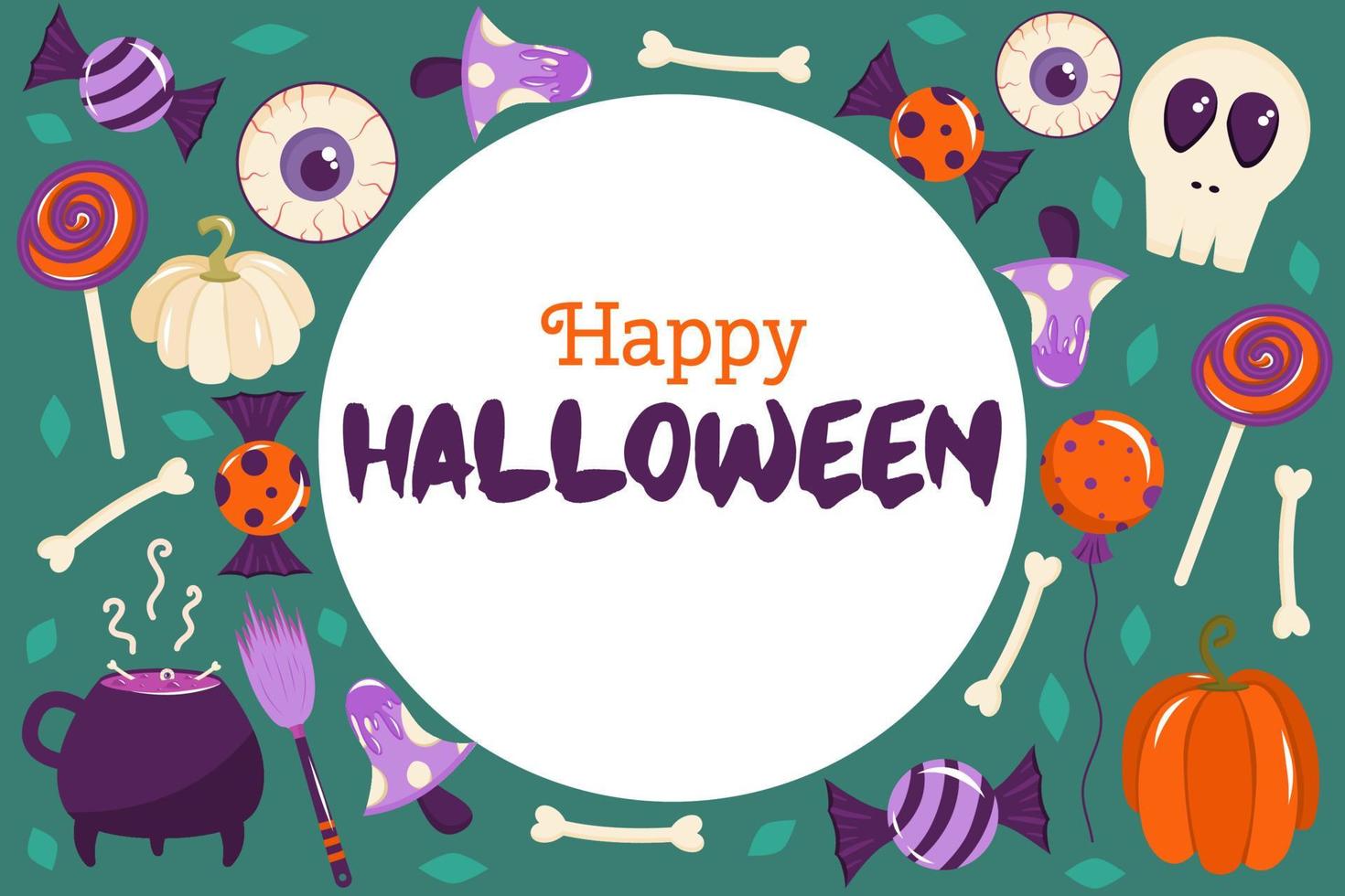Happy Halloween-Banner in einem Kreis mit Platz für Text. im Hintergrund sind Kürbisse, Knochen, Pilze und Augäpfel verstreut. Vektorillustration für Postkarten oder Layouts vektor