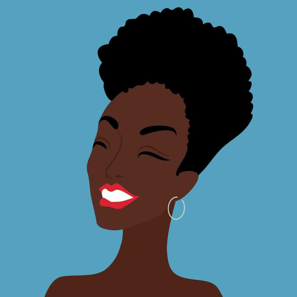 schön lächelnd afrikanisch amerikanisch Frau. kurz afro Haarschnitt. Mode Porträt von glücklich weiblich Gesicht von afrikanisch Ethnizität. minimalistisch Vektor Illustration