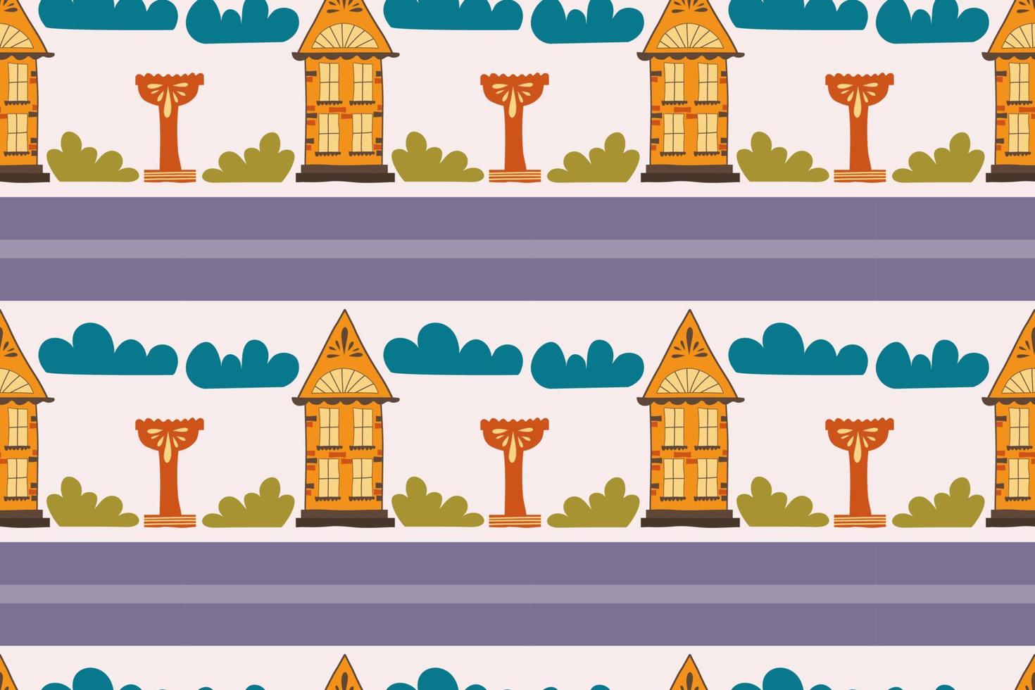 nahtloses Muster mit handgefertigten Häusern, handgezeichnete Zeichnung. ein Haus mit Fenstern und einem Dach, einer Brunnenschale und einer Straße. Vektorillustration für Kinder. vektor