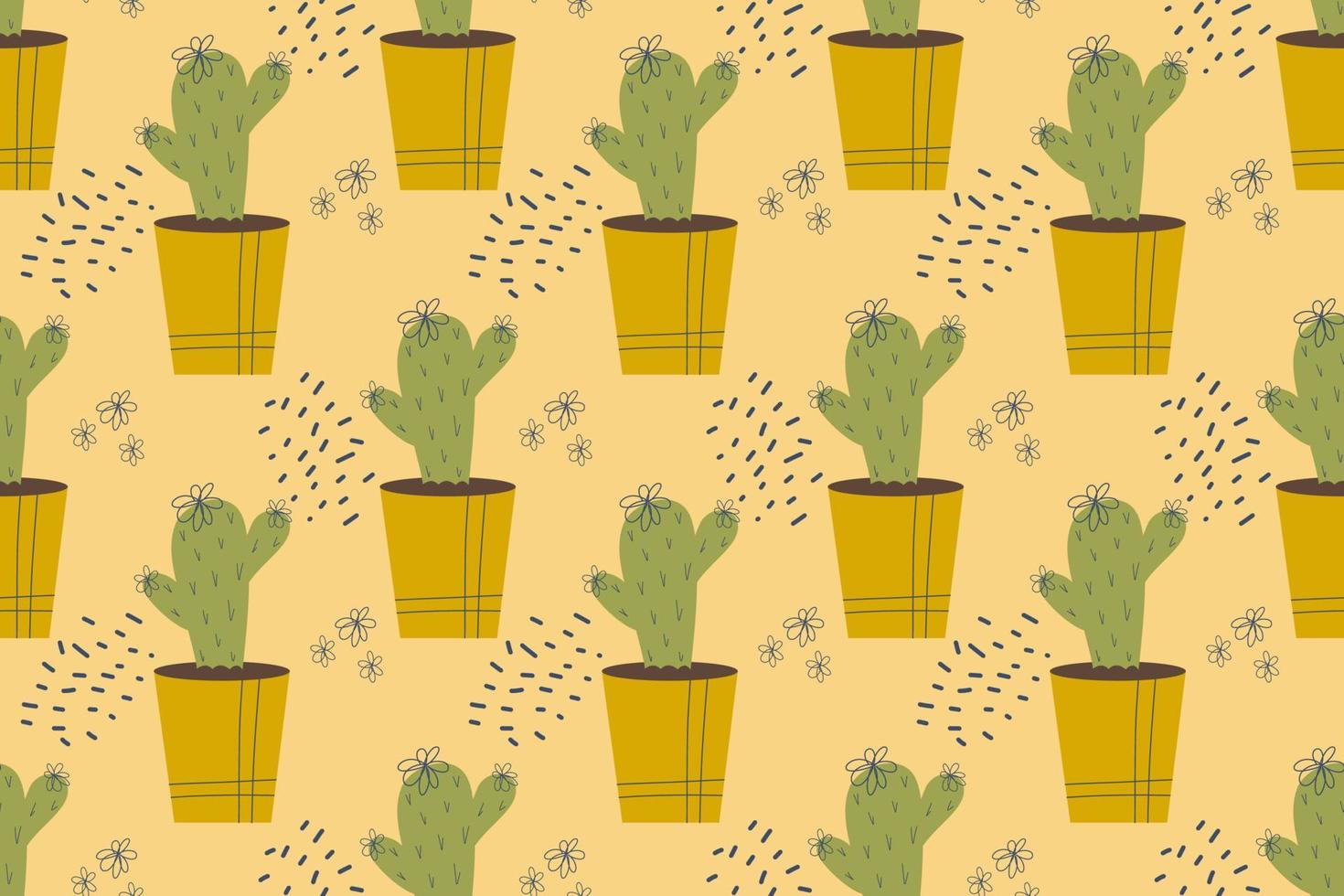 nahtloses Muster mit Kaktus. Kaktus in einem Topf, Hauspflanze mit Dornen, Nadeln und Blumen. Vektorillustration im flachen Stil vektor