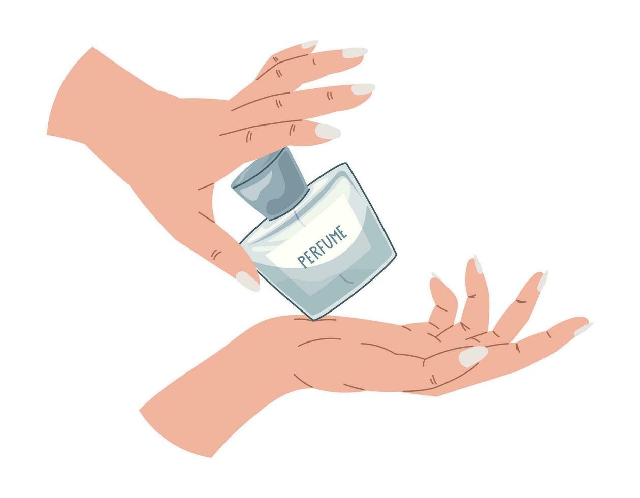 elegant weiblich Hände mit Maniküre halten ein Glas Blau Flasche von Parfüm. Vektor isoliert Mode Illustration, duftend Eau de Parfüm.