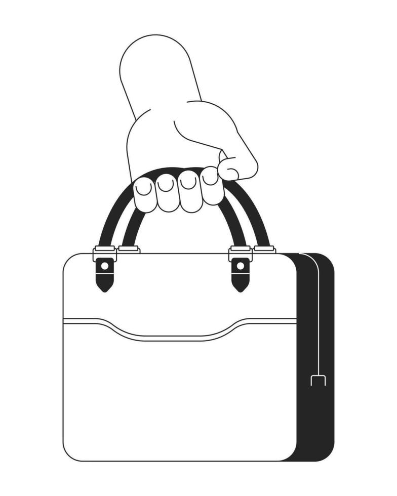 Aktentasche halten Karikatur Mensch Hand Gliederung Illustration. Geschäftsmann Tragen Handtasche Mode 2d isoliert schwarz und Weiß Vektor Bild. Aktentasche Zubehörteil Anwalt eben monochromatisch Zeichnung Clip Kunst