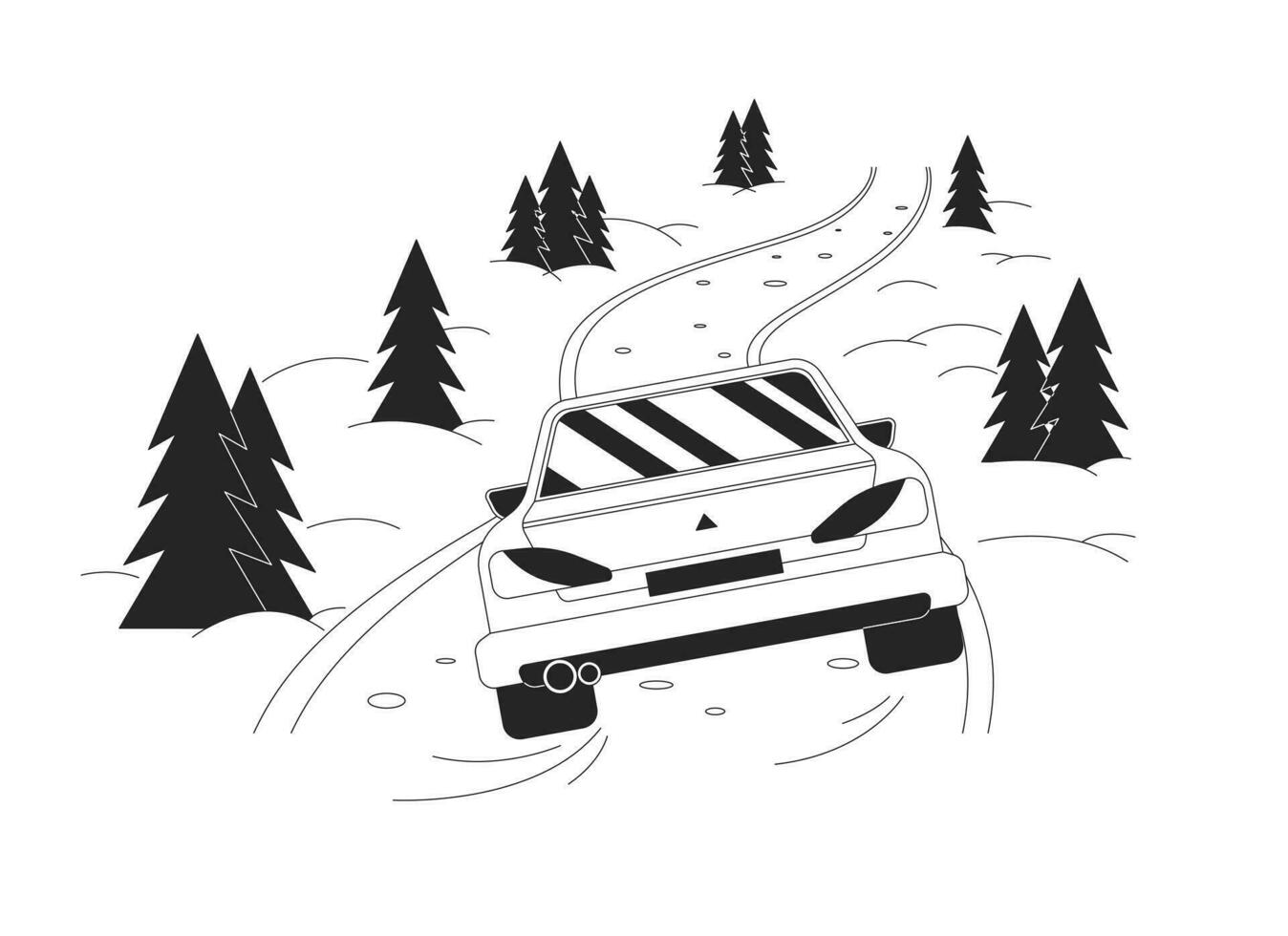 kör i snö häftig snöstorm skog svart och vit tecknad serie platt illustration. bil på hal väg isig tillstånd 2d linjekonst objekt isolerat. farlig väg is. icke-urbana svartvit vektor översikt bild