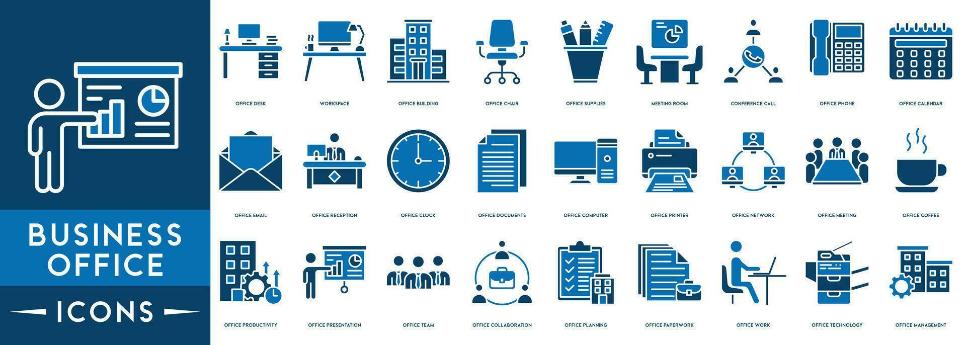 Geschäft Büro Linie Symbole einstellen Büro Kommunikation Unterlagen, Zusammenarbeit, Planung, Papierkram, arbeiten, Technologie, Management, Büro Produktivität vektor