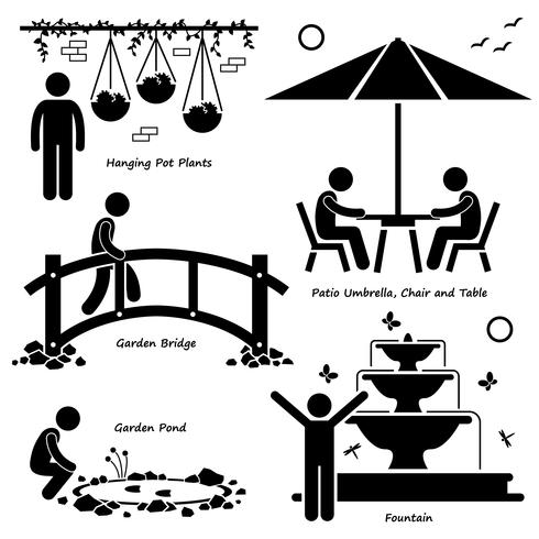 Hemhus Trädgård Utomhus Strukturer Fixture Decorations Stick Figure Pictogram Icon Cliparts. vektor