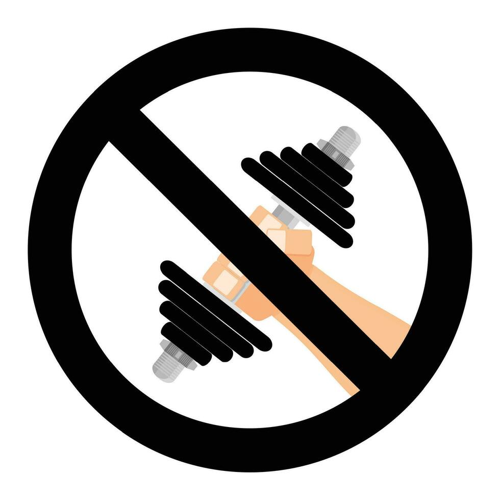 Übung verboten Symbol. Warnung Ausbildung mit Hantel, Nein Bodybuilding. Vektor Illustration