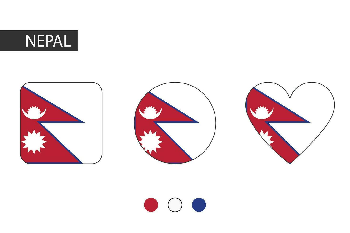 Nepal 3 Formen Quadrat, Kreis, Herz mit Stadt Flagge. isoliert auf Weiß Hintergrund. vektor