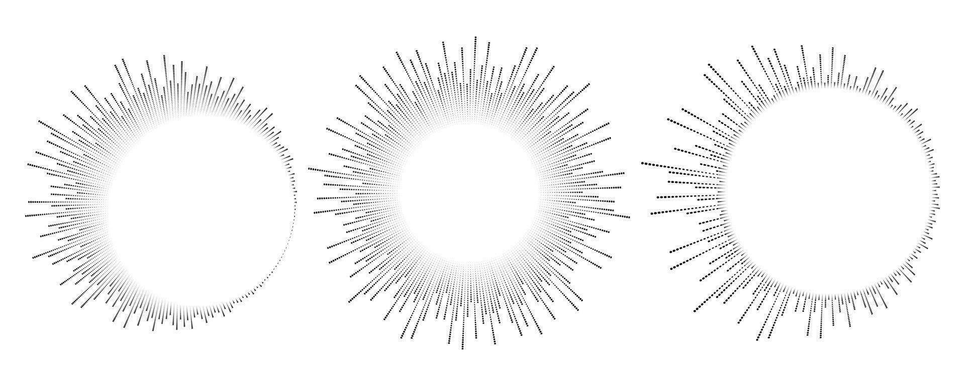 Kreis Klang Welle. Audio- Musik- Ausgleich. runden kreisförmig Symbole Satz. Spektrum radial Muster und Frequenz rahmen. Vektor Design